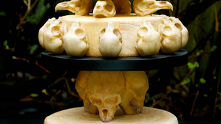 Creepy wedding cake is adorned with realistic chocolate animal skulls